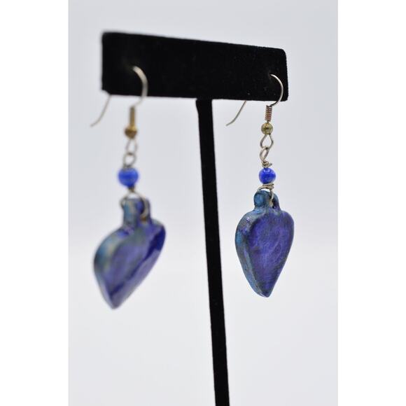 Vintage Heart Earrings Blue Painted Porcelain Dangle Valentine's 1980s Bin8 - Picture 5 of 8